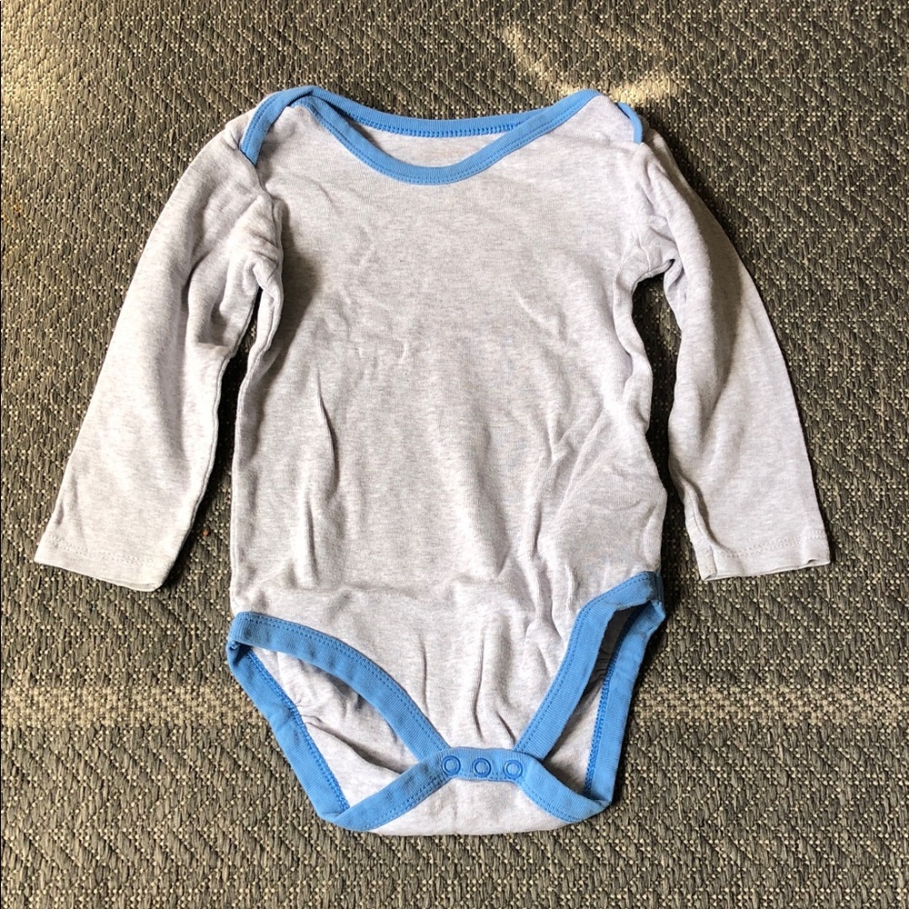 Grey Long-Sleeve Baby Bodysuit with Blue Trim